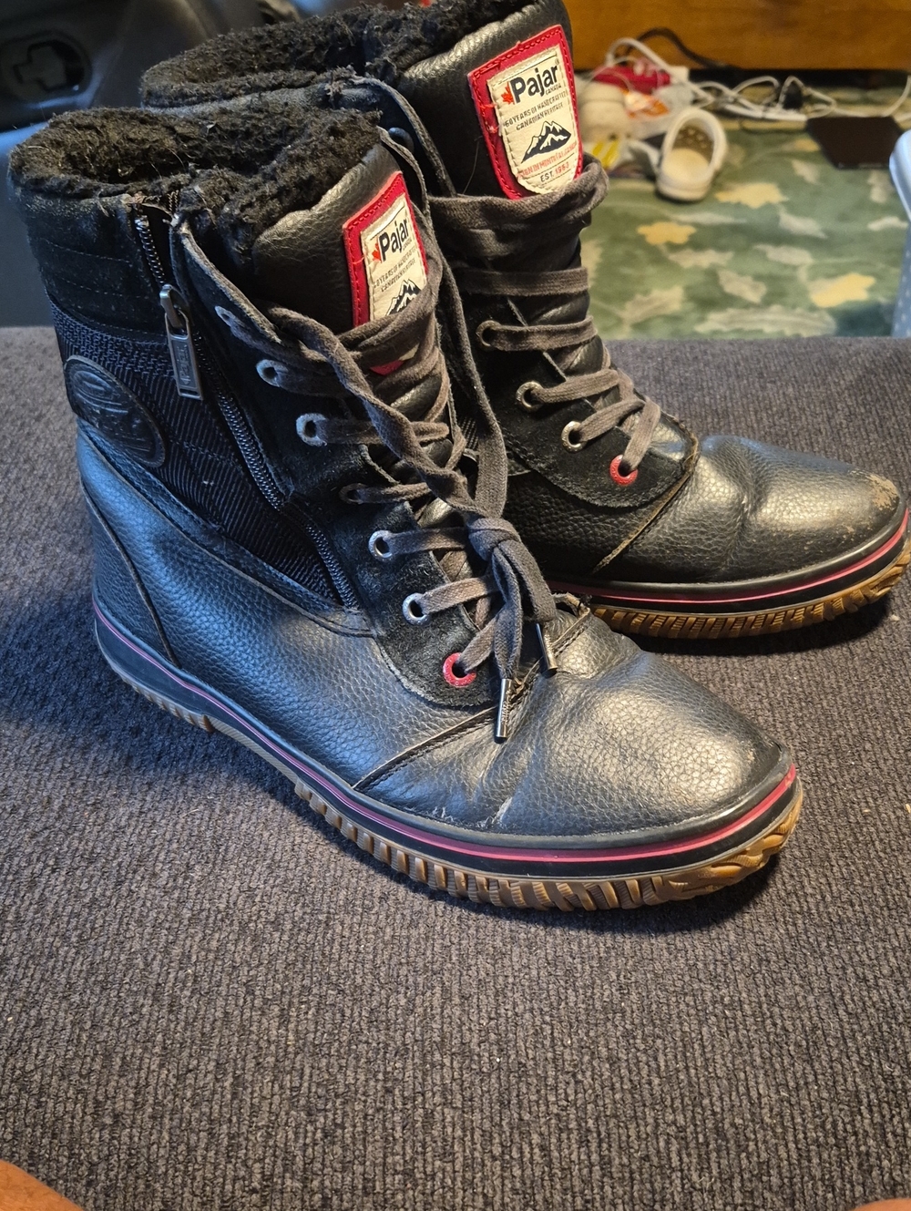 Pajar Men's Black Leather Lace-Up Winter Boots with Red Trim